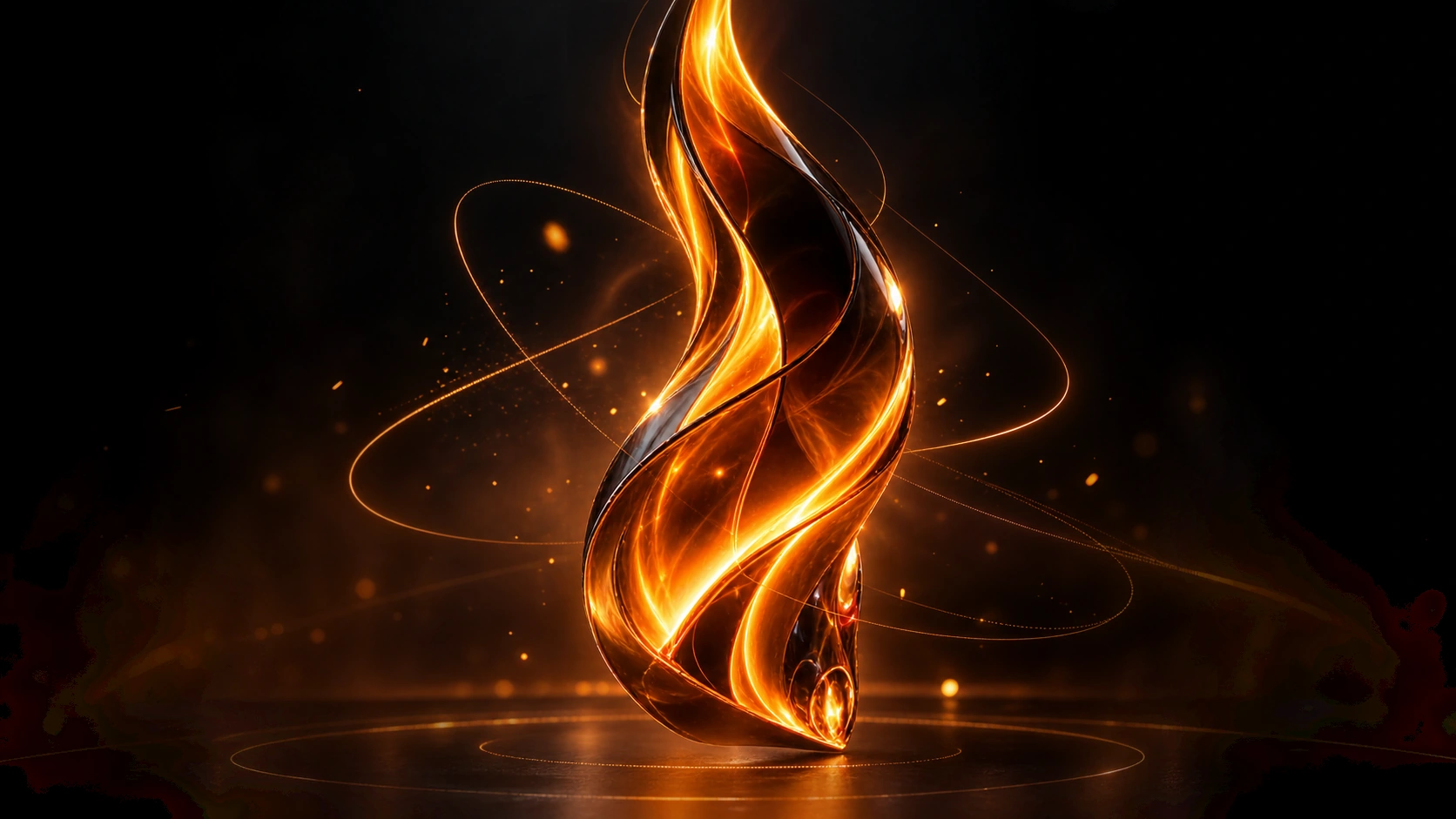 High-resolution luminous flame sculpture with molten-glass surfaces and cinematic orange lighting